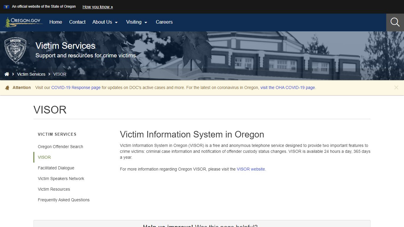 Department of Corrections : VISOR : Victim Services : State of Oregon