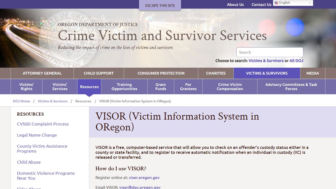 VISOR (Victim Information System in ORegon)